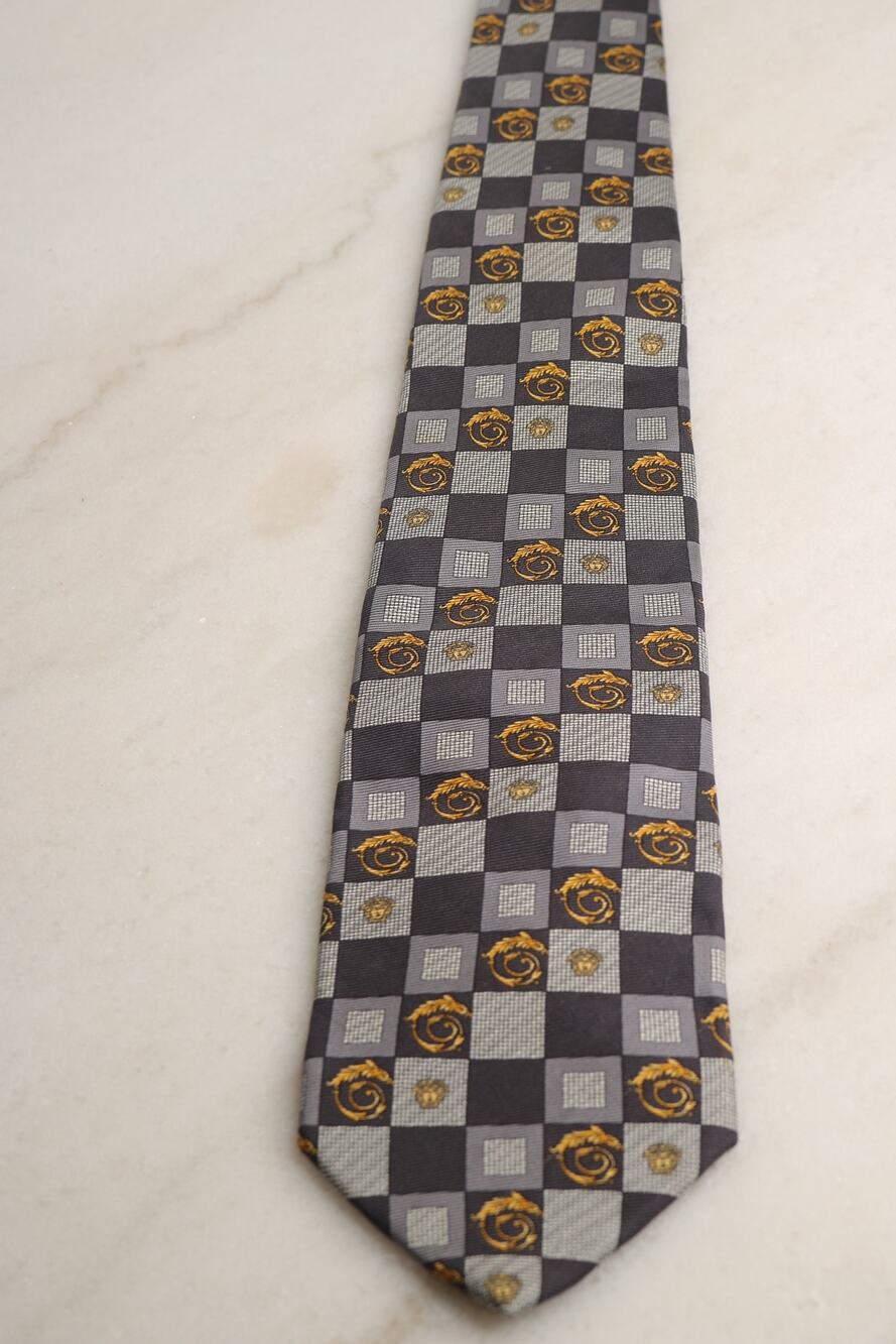 Vintage Gianni Versace Silk Tie Medusa Baroque Checkerboard Gray Gold Italy 90s